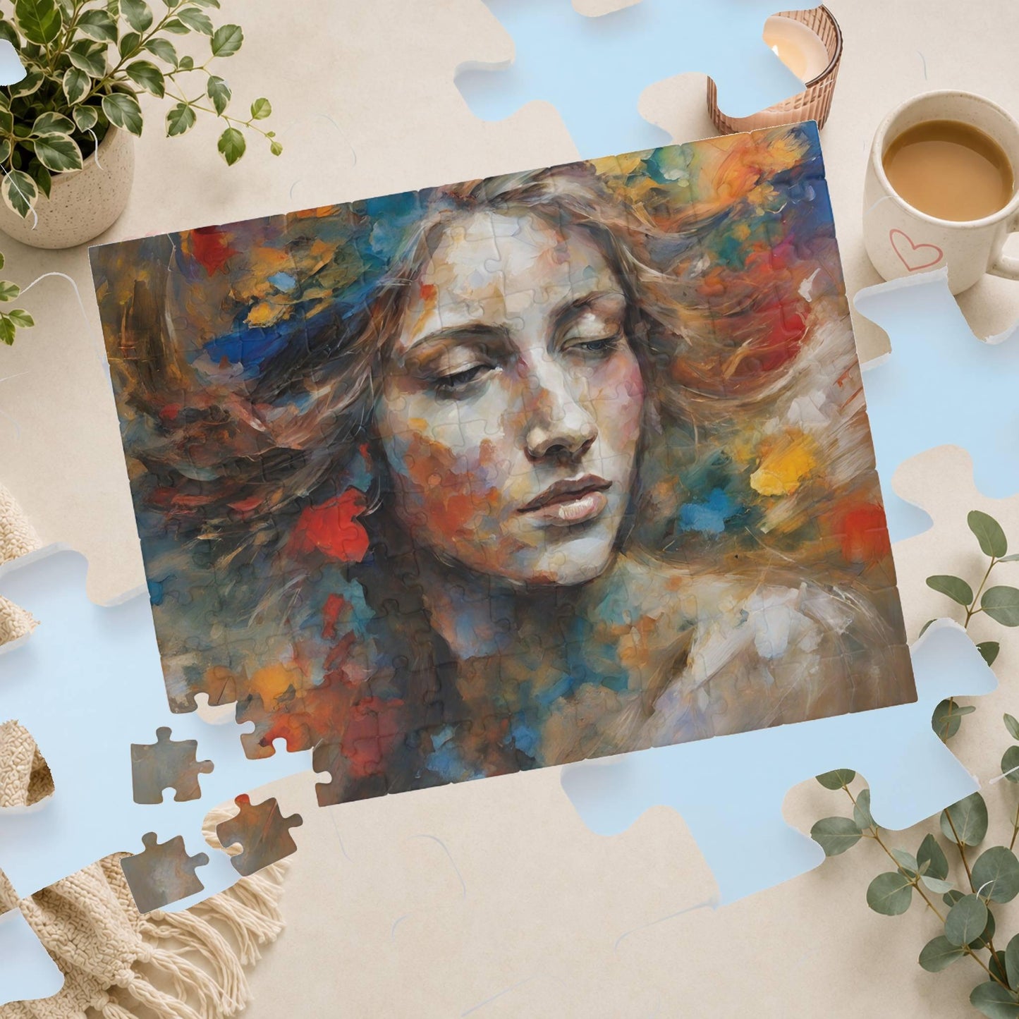 Express Emotions - Impressionist Woman's Portrait Puzzle with Colorful Paint Blooms in Flowing Hair