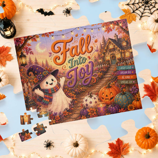 Fall Into Joy Halloween puzzle featuring happy ghost, cozy cottage path, and inspirational sign