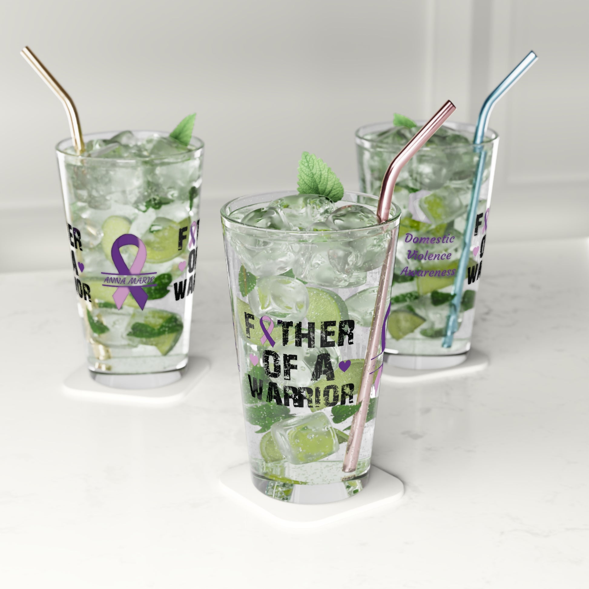 Father of a Warrior: Personalized Domestic Violence Awareness Warrior Pint Glass - Proud Family Member