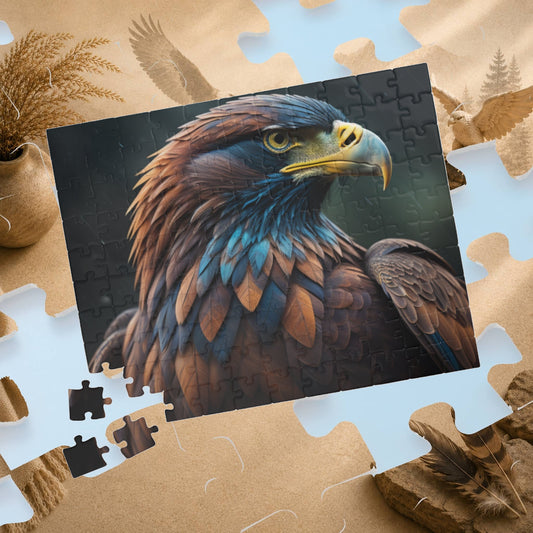 Feathers of Resilience - Close-Up Eagle Portrait Puzzle with Warm Brown and Teal Feathers on Green Bokeh