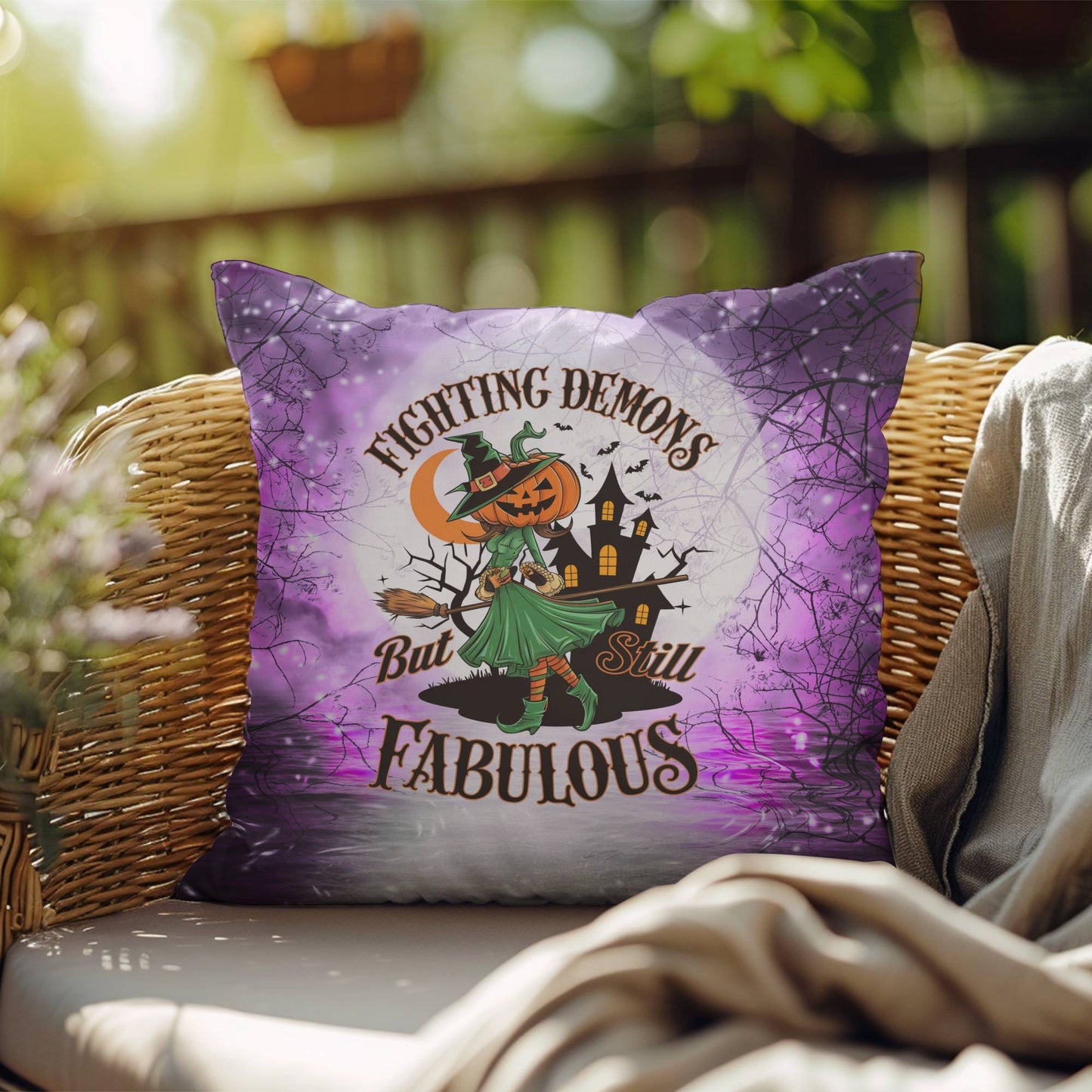 Halloween-themed indoor/outdoor throw pillow featuring “Fighting Demons” motivational message