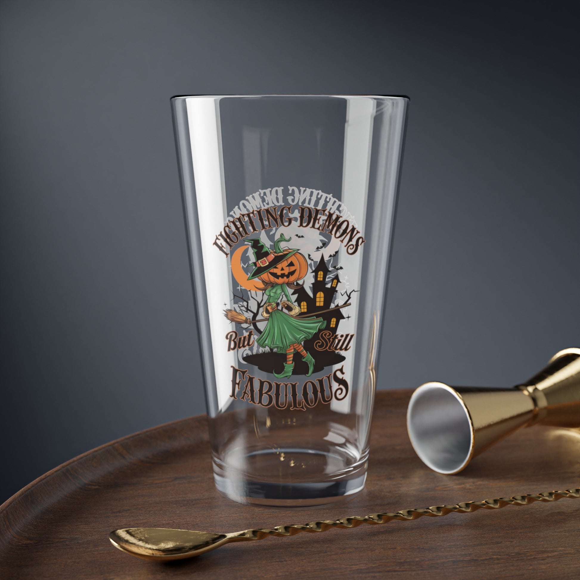 Fighting Demons But Still Fabulous, Halloween Pint Glass, 16oz - Perfect Halloween Party Drinkware