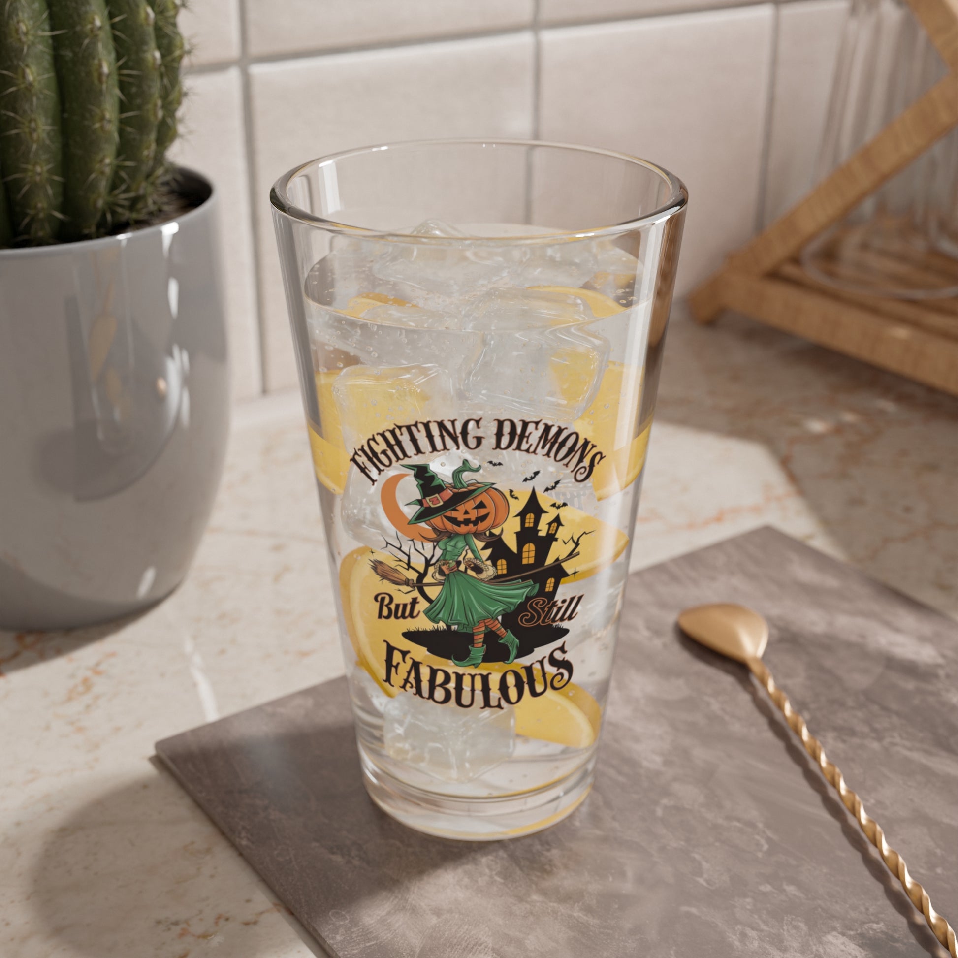 Fighting Demons But Still Fabulous, Halloween Pint Glass, 16oz - Perfect Halloween Party Drinkware