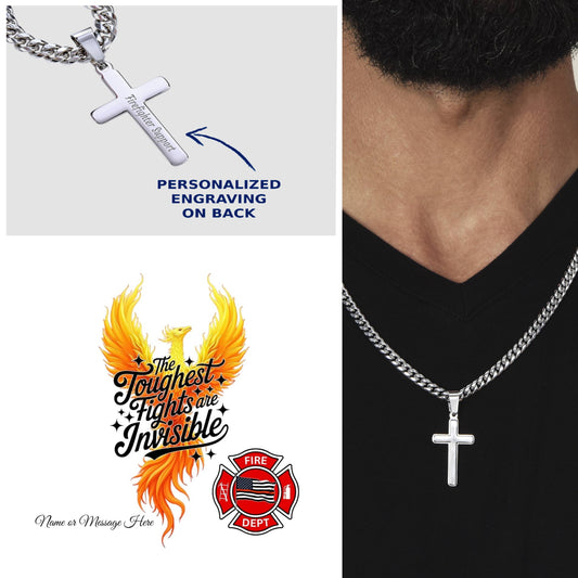 The Toughest Fights firefighter engraved cross honoring invisible mental health battles and everyday heroism.