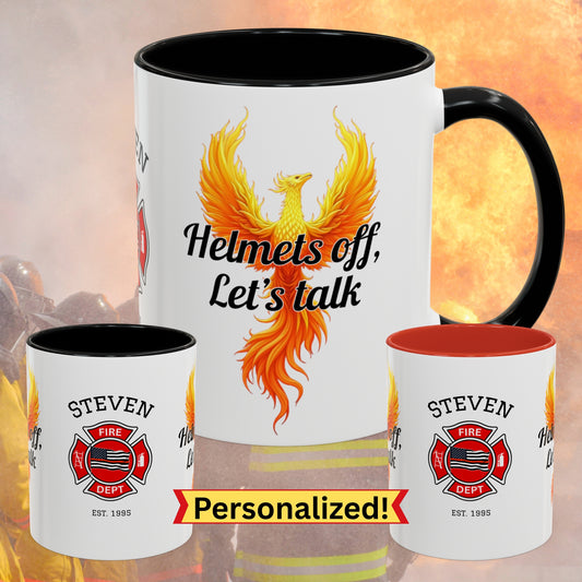 Firefighter Support Custom Mug - Helmets Off, Let's Talk | Firehouse Mental Health Awareness Coffee Cup