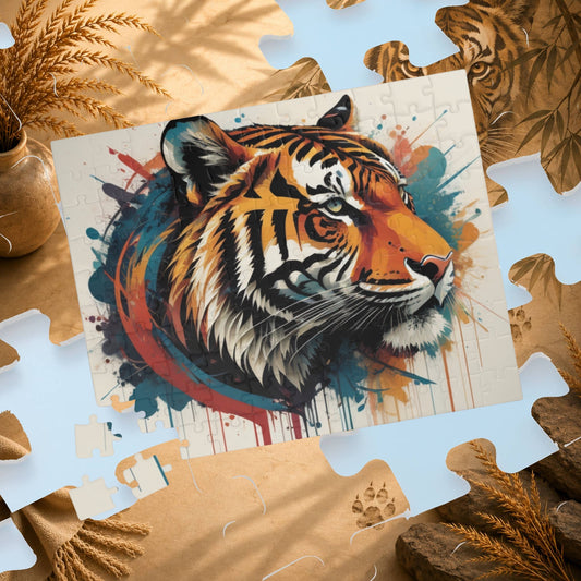 Focused Journey - Street Art Tiger Jigsaw Puzzle with Paint Splatters and Drip Effects