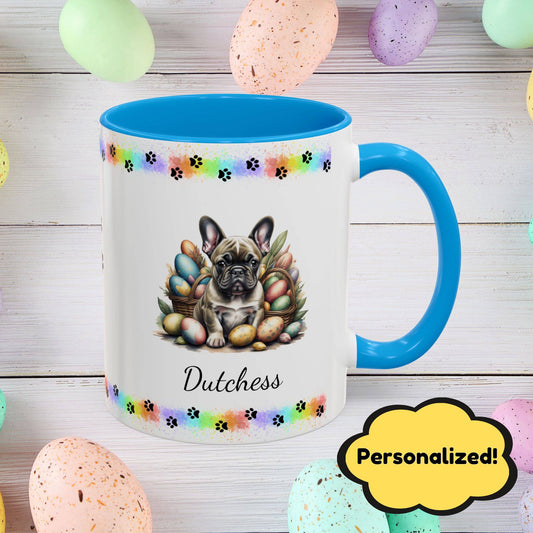 French Bulldog (Brindle): Personalized Easter Puppy Coffee Mug - Adorable Dog Design, Mental Health Gift, 11oz & 15oz, 12 Color Choices, Easter Gifts & Décor