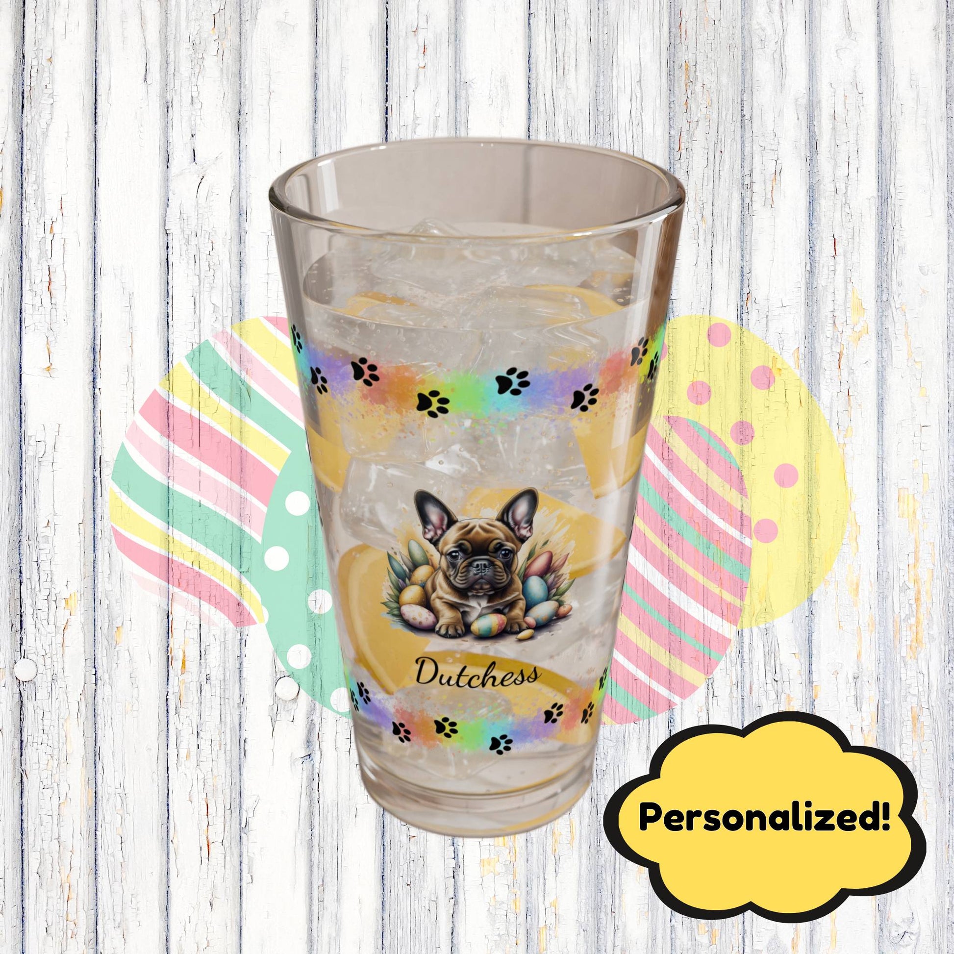 French Bulldog (Fawn) Personalized Easter Puppy 16oz Pint Glass - Custom Dog Design, Mental Health Gift, Easter Décor, and Festive Celebrations