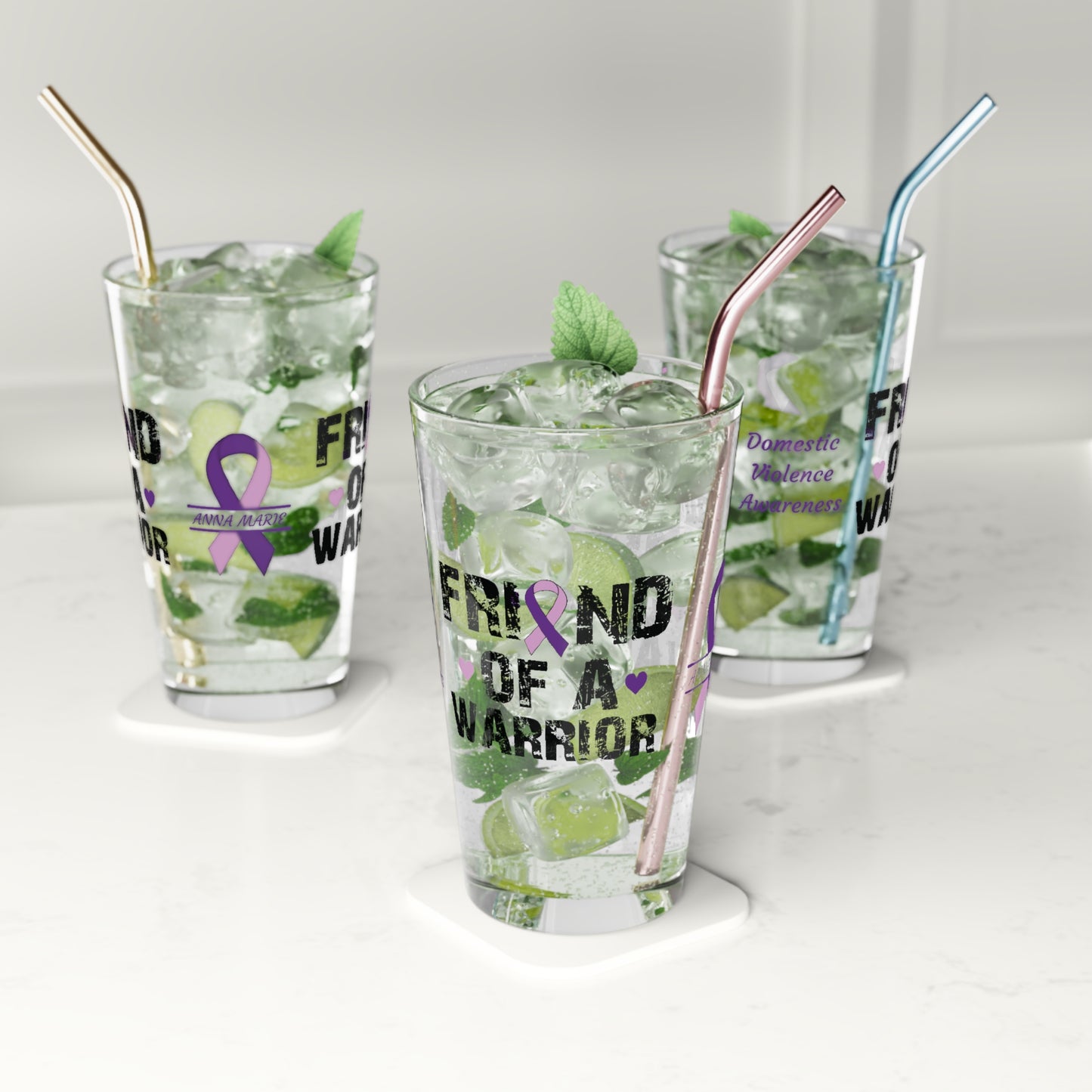 Friend of a Warrior: Personalized Domestic Violence Awareness Warrior Pint Glass - Proud Family Member