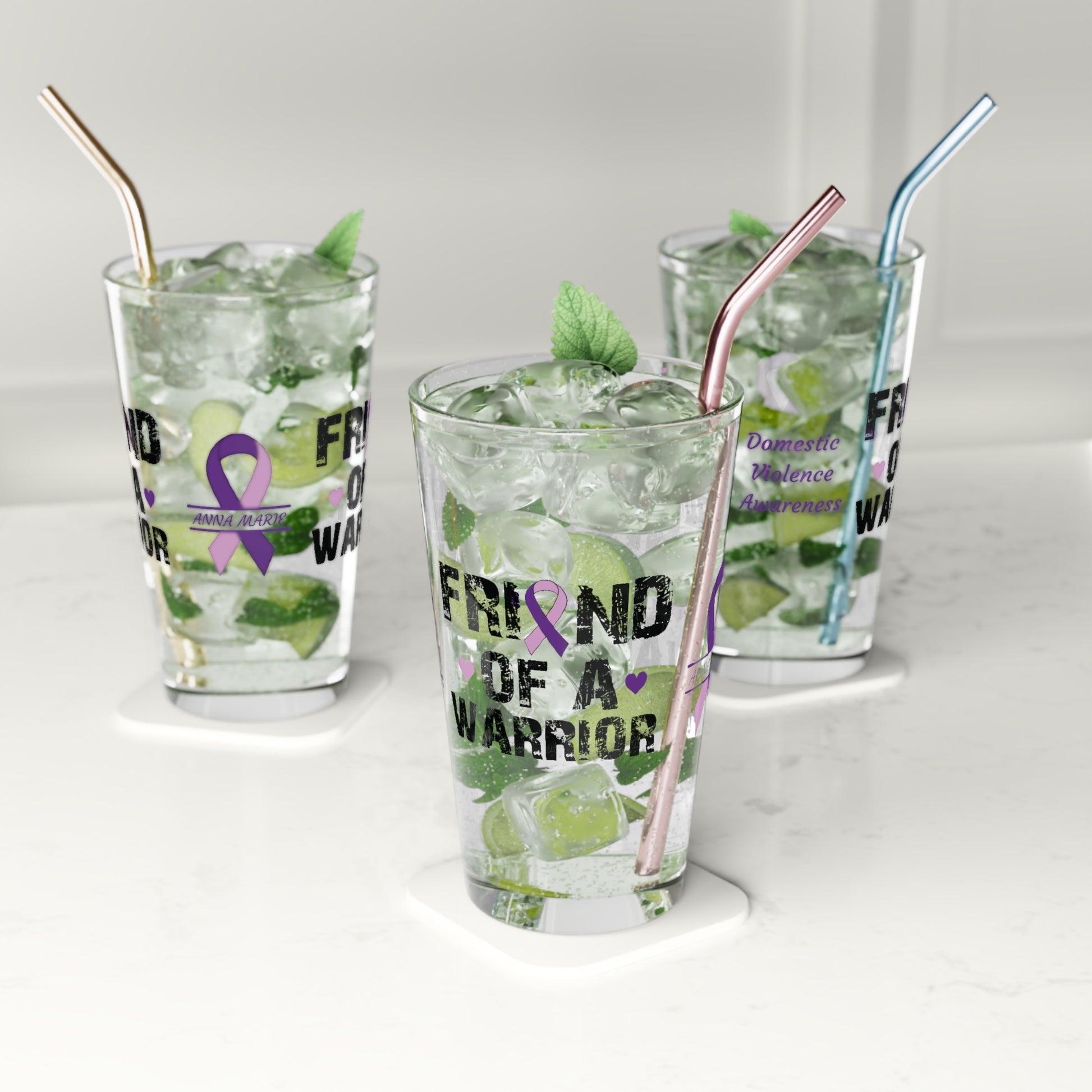 Friend of a Warrior: Personalized Domestic Violence Awareness Warrior Pint Glass - Proud Family Member