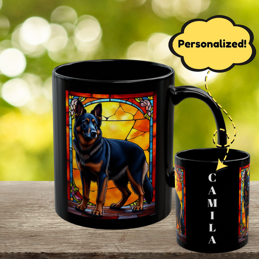 Black and red blanket German Shepherd name mug