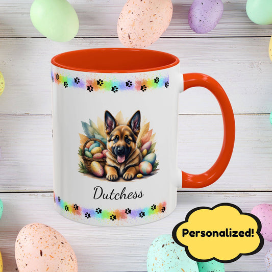 German Shepherd (Saddle): Personalized Easter Puppy Coffee Mug - Adorable Dog Design, Mental Health Gift, 11oz & 15oz, 12 Color Choices, Easter Gifts & Décor
