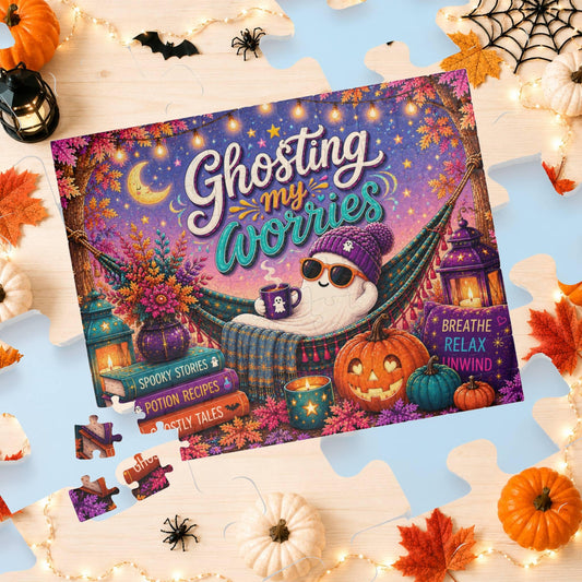 Ghosting My Worries Halloween puzzle with relaxed ghost in hammock and calming self care theme