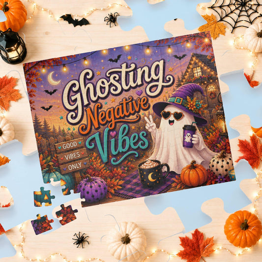 Ghosting Negative Vibes Halloween puzzle featuring ghost, witch hat, pumpkins, and festive lights