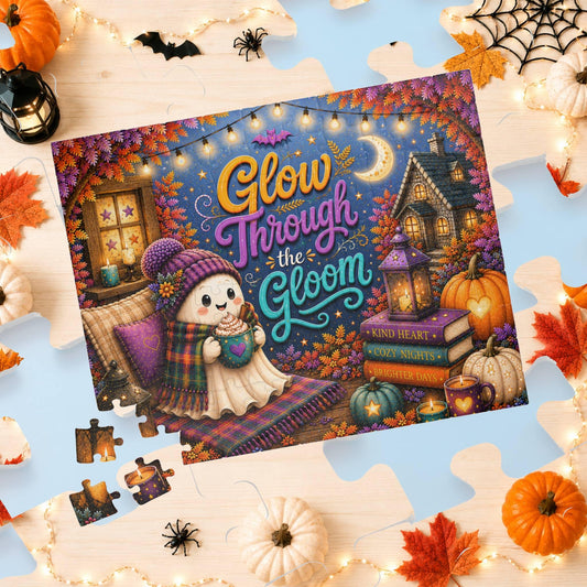 Glow Through the Gloom Halloween puzzle with cozy ghost, heart mug, books, and cottage artwork