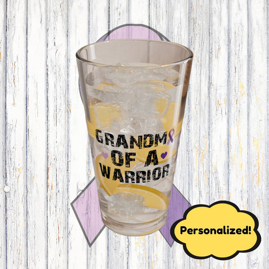 Grandma of a Warrior: Personalized Domestic Violence Awareness Warrior Pint Glass - Proud Family Member