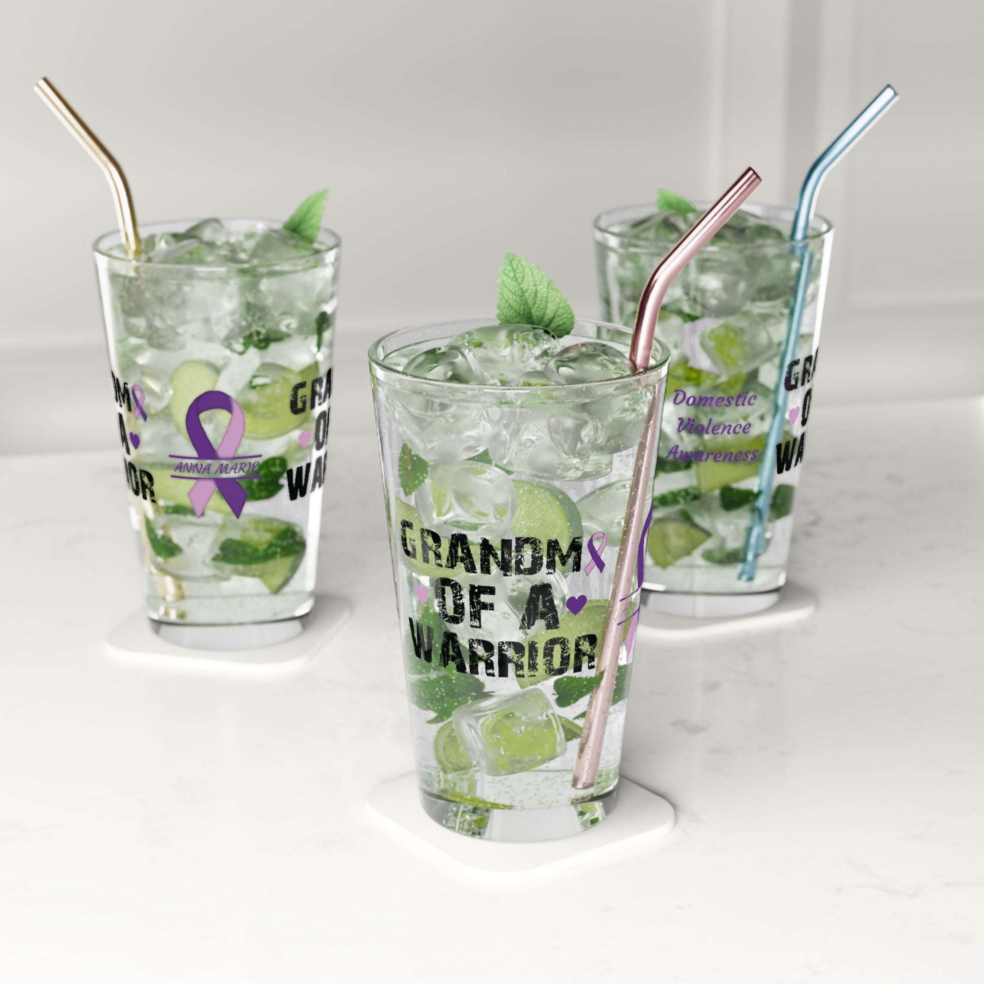 Grandma of a Warrior: Personalized Domestic Violence Awareness Warrior Pint Glass - Proud Family Member