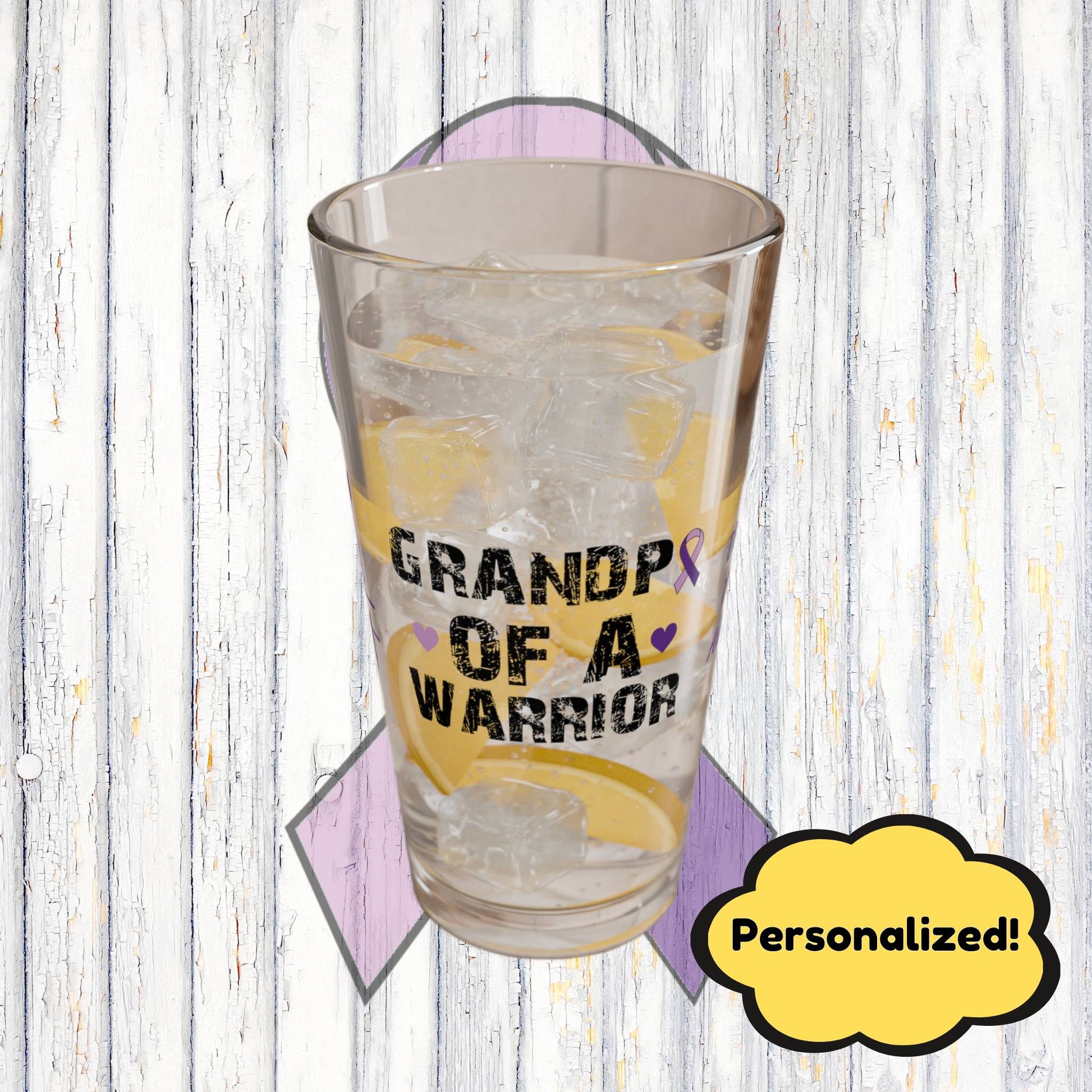 Grandpa of a Warrior: Personalized Domestic Violence Awareness Warrior Pint Glass - Proud Family Member