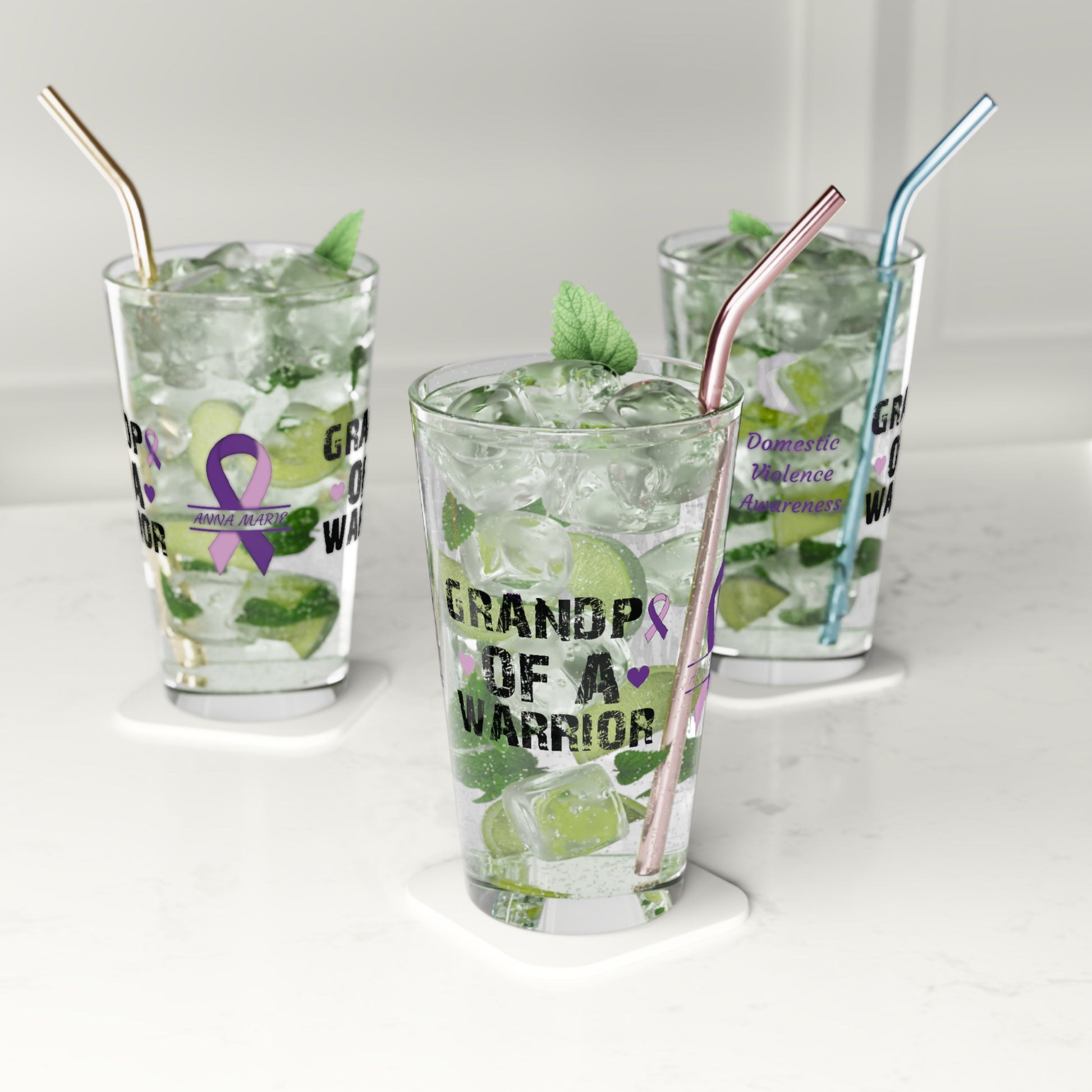 Grandpa of a Warrior: Personalized Domestic Violence Awareness Warrior Pint Glass - Proud Family Member
