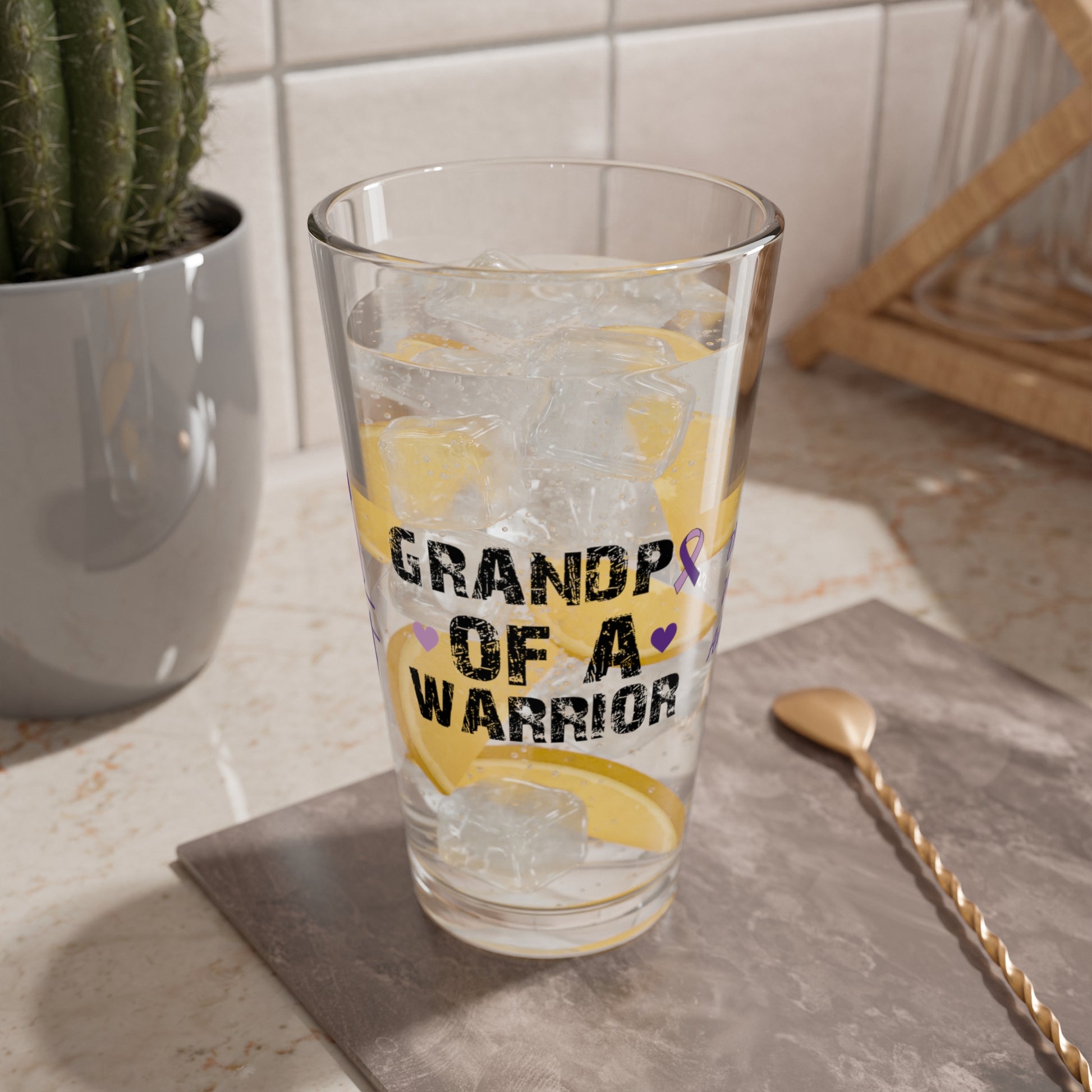 Grandpa of a Warrior: Personalized Domestic Violence Awareness Warrior Pint Glass - Proud Family Member