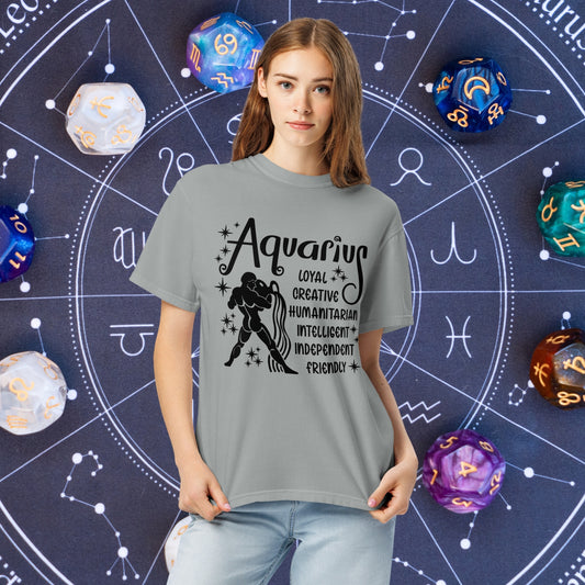 Aquarius Zodiac Comfort Colors Shirt - Unisex astrology t-shirt with Aquarius symbol and traits, mental health support gift