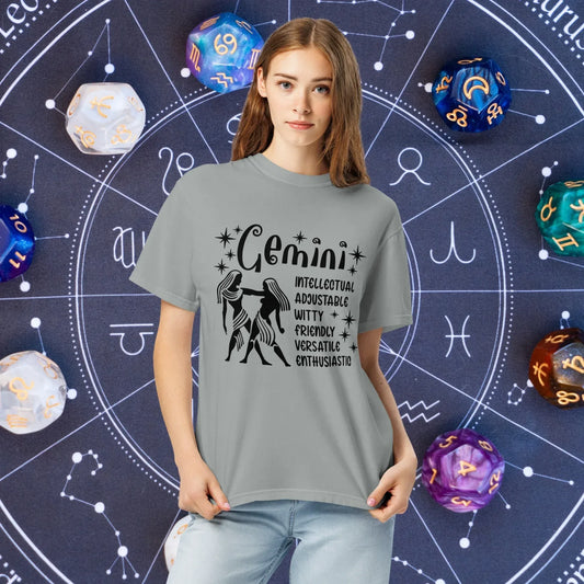Gemini Zodiac Comfort Colors Shirt - Versatile unisex astrology graphic tee featuring Gemini sign, great for self-expression and mental wellness