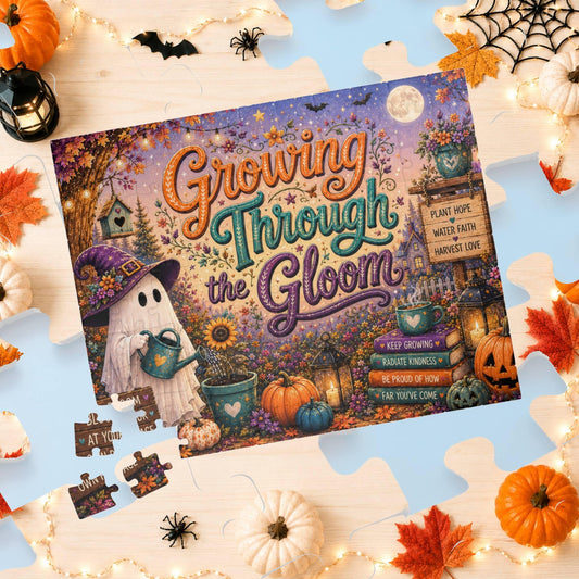 Growing Through the Gloom Halloween puzzle featuring ghost watering heart plant and growth themed sign
