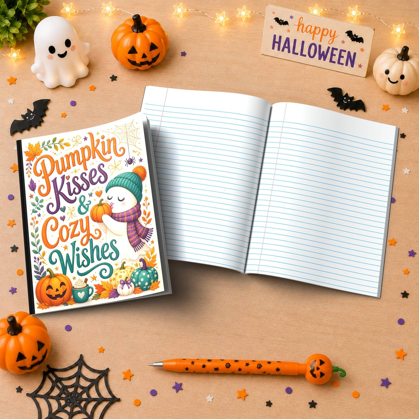 Pumpkin Kisses & Cozy Wishes Halloween Composition Notebook - Cute Ghost Paperback Journal