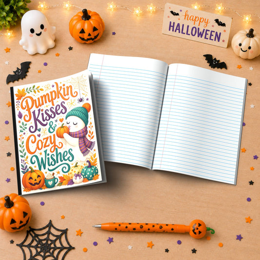 Pumpkin Kisses & Cozy Wishes Halloween Composition Notebook - Cute Ghost Paperback Journal