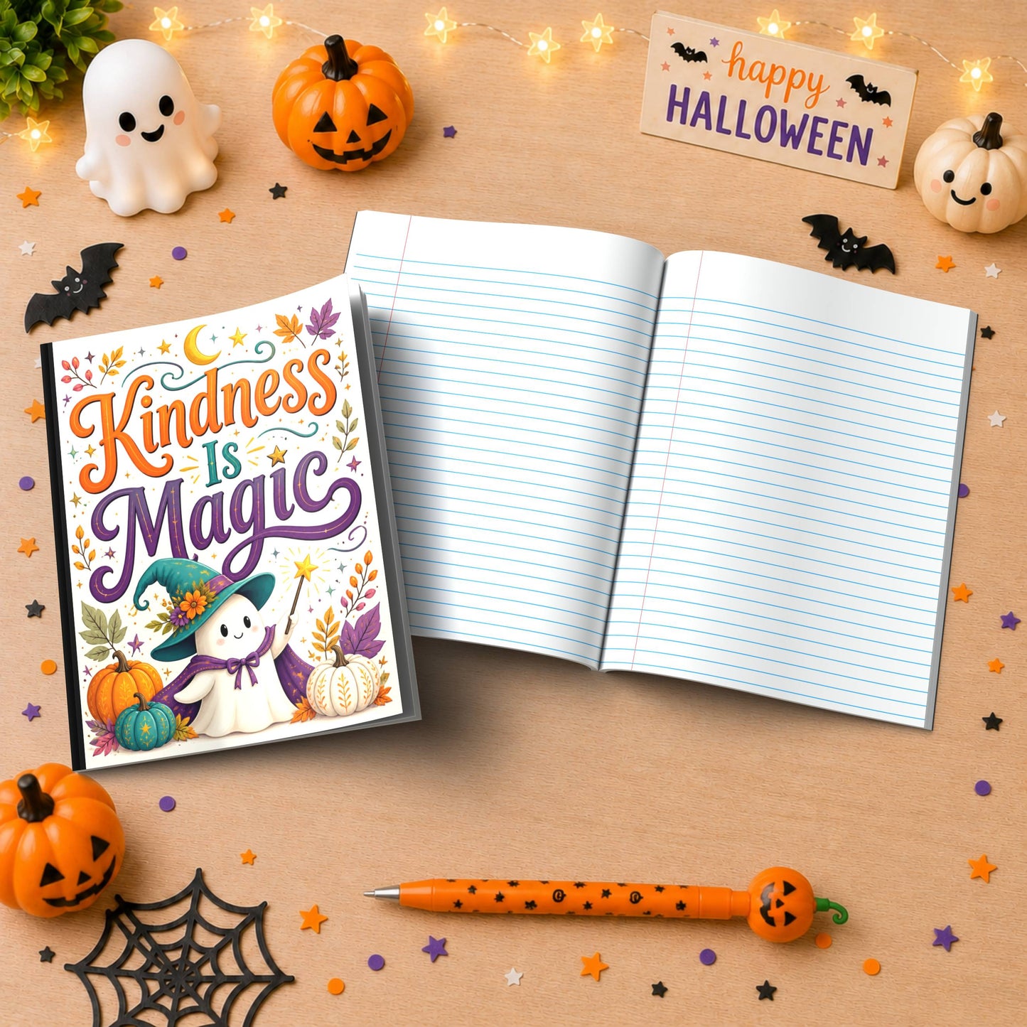 Kindness Is Magic Halloween Composition Notebook - Cute Witch Ghost Paperback Journal
