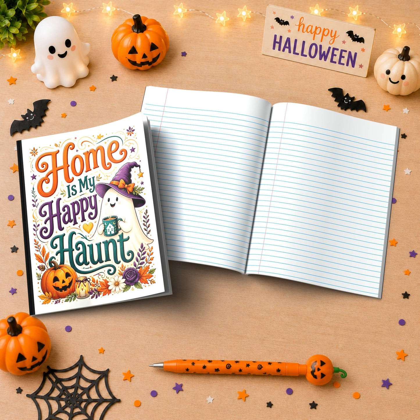 Home Is My Happy Haunt Halloween Composition Notebook - Cute Witch Ghost Paperback Journal