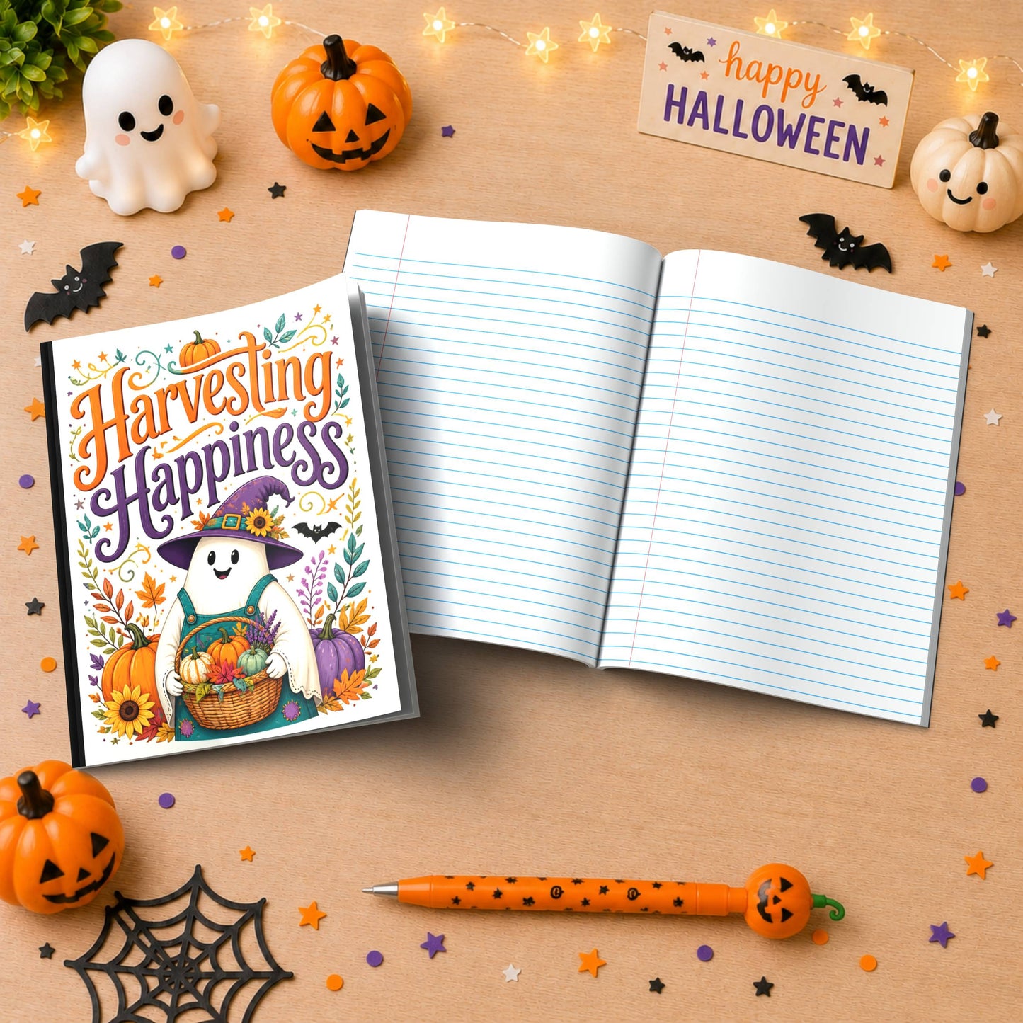 Harvesting Happiness Halloween Composition Notebook - Cute Witch Ghost Paperback Journal