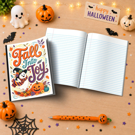 Fall Into Joy Halloween Composition Notebook - Cute Ghost Paperback Journal Gift