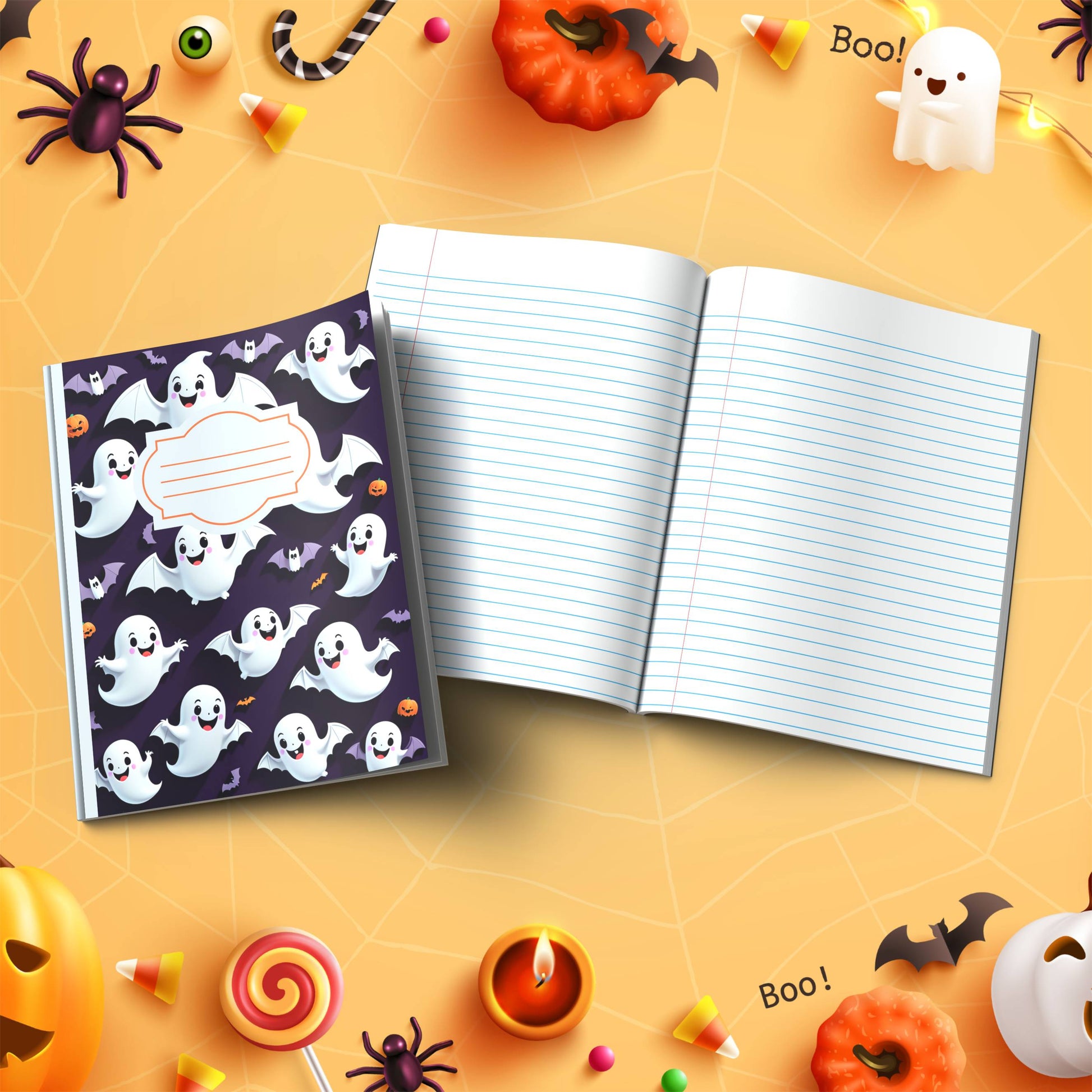 Silly Scribbles & Bats soft cover composition notebook, wide ruled Halloween writing notebook for school or journaling