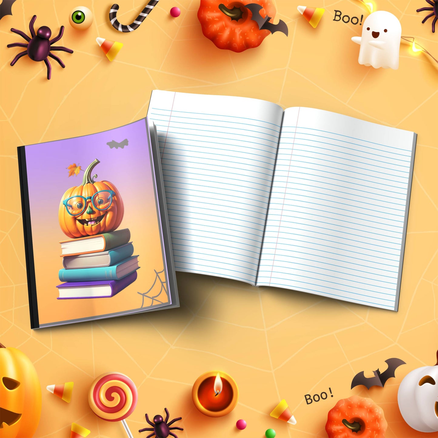 Smarty Pumpkin bright playful soft cover composition notebook, wide ruled Halloween writing and journaling journal