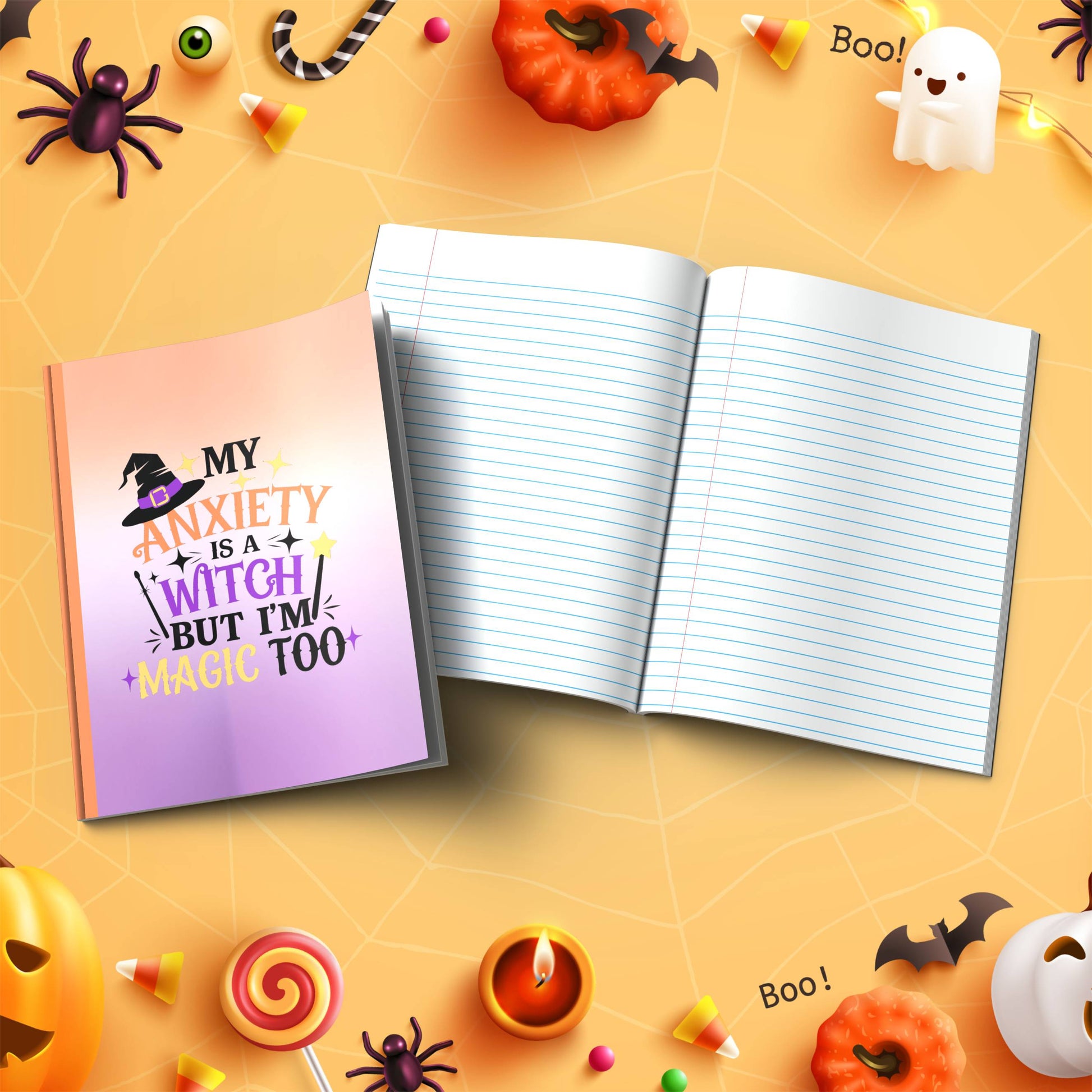 My Anxiety Is A Witch But I'm Magic Too soft cover composition notebook, wide ruled Halloween journal for writing