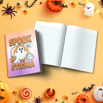 Spook The Stigma soft cover composition notebook, wide ruled Halloween journal for writing, school, or daily notes