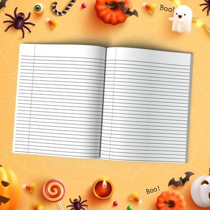Raspberry Halloween soft cover composition notebook with pumpkin design, wide ruled lined journal for notes or writing