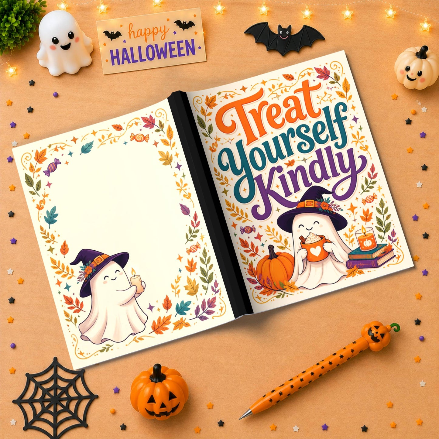 Treat Yourself Kindly Halloween Composition Notebook - Cute Witch Ghost Paperback Journal