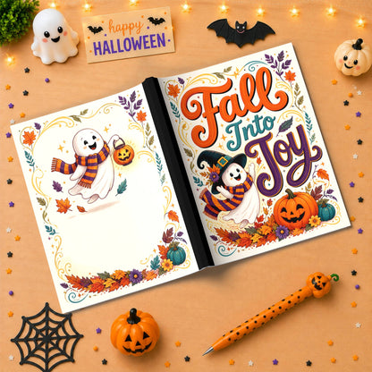 Fall Into Joy Halloween Composition Notebook - Cute Ghost Paperback Journal Gift