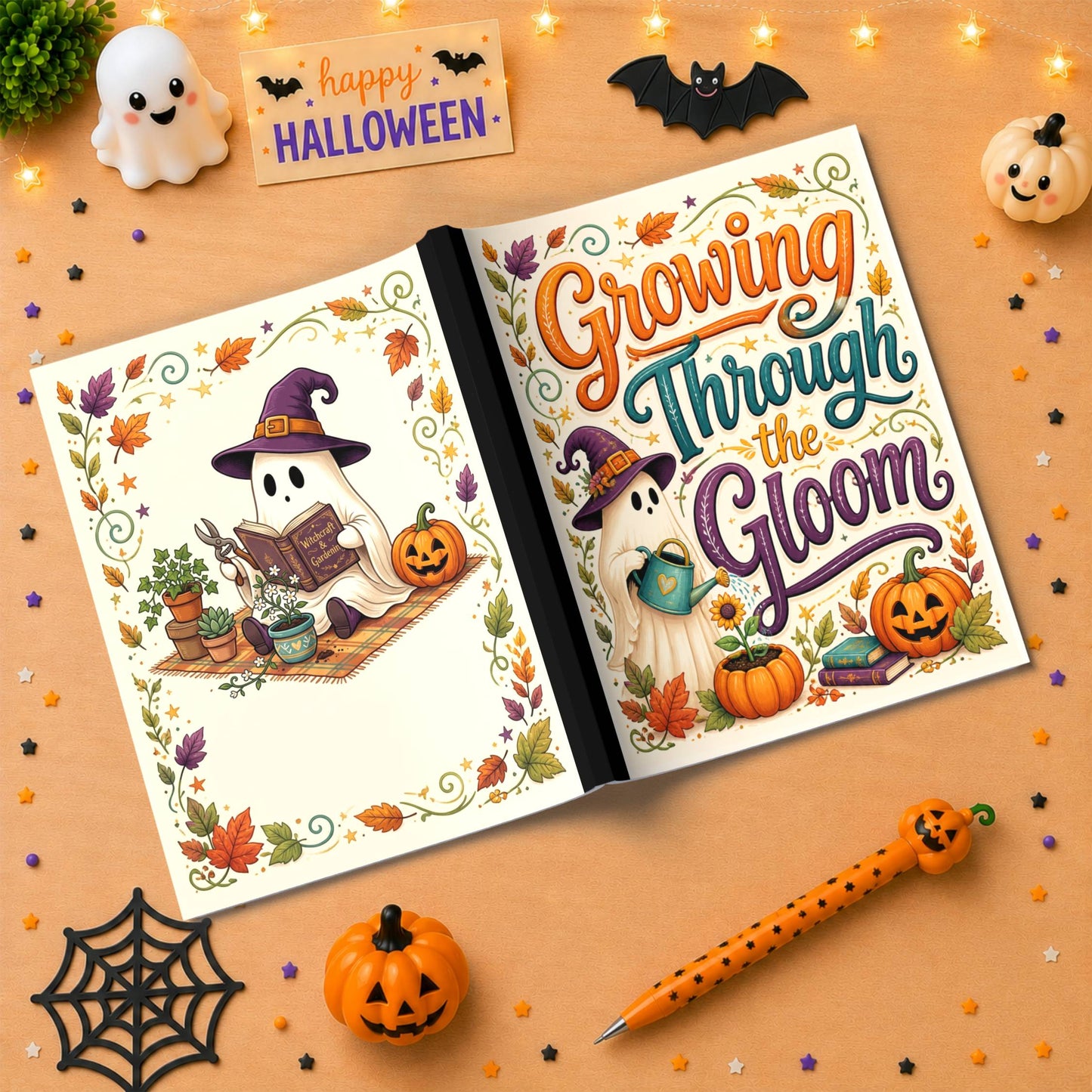 Growing Through the Gloom Halloween Composition Notebook - Cute Witch Ghost Paperback Journal