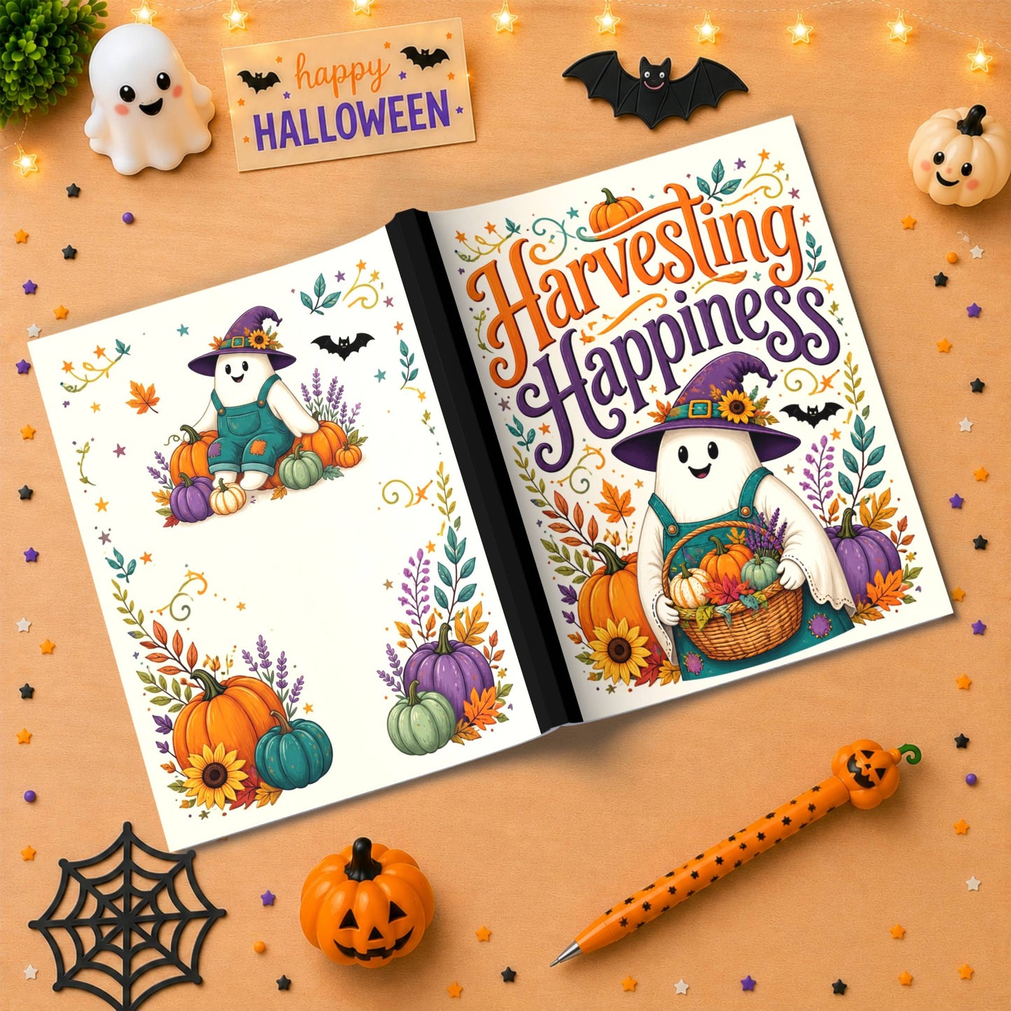 Harvesting Happiness Halloween Composition Notebook - Cute Witch Ghost Paperback Journal