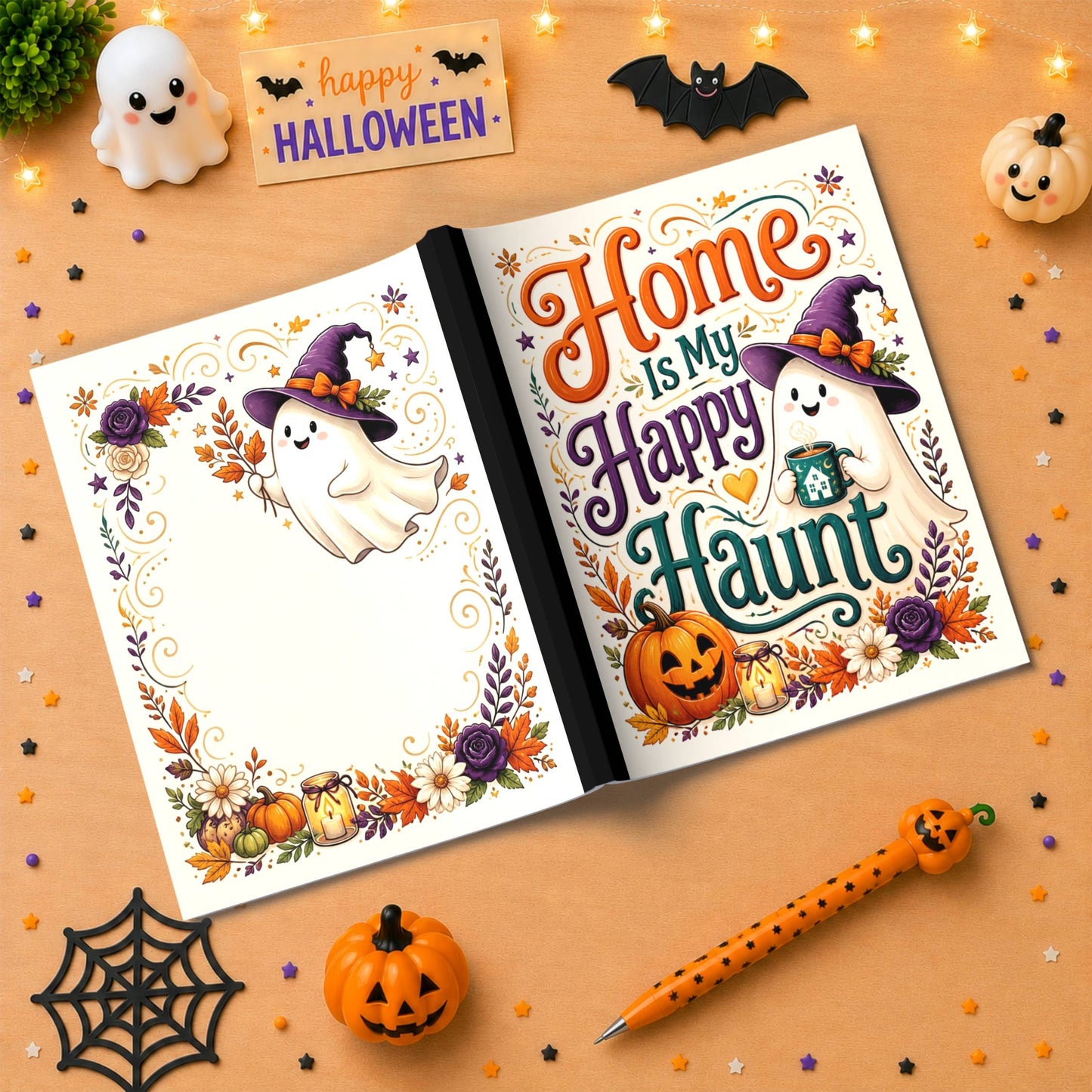 Home Is My Happy Haunt Halloween Composition Notebook - Cute Witch Ghost Paperback Journal