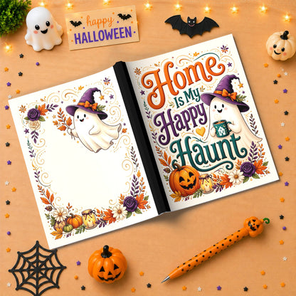 Home Is My Happy Haunt Halloween Composition Notebook - Cute Witch Ghost Paperback Journal