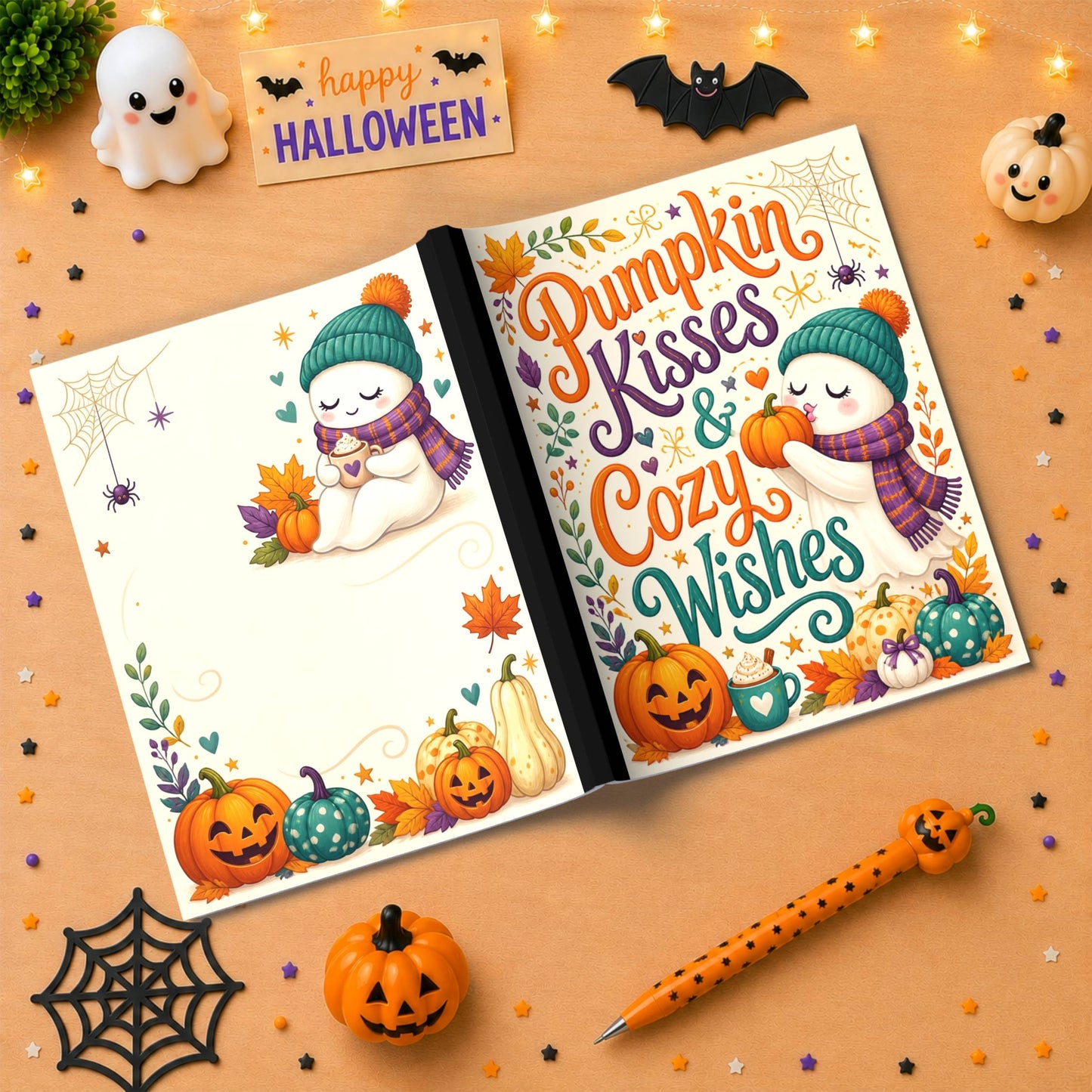 Pumpkin Kisses & Cozy Wishes Halloween Composition Notebook - Cute Ghost Paperback Journal