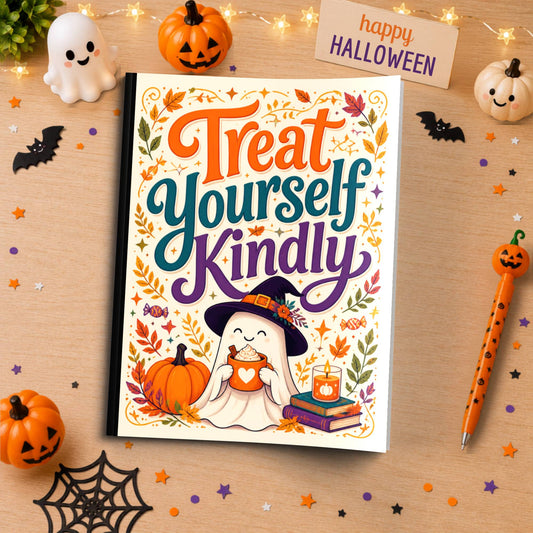 Treat Yourself Kindly Halloween Composition Notebook - Cute Witch Ghost Paperback Journal
