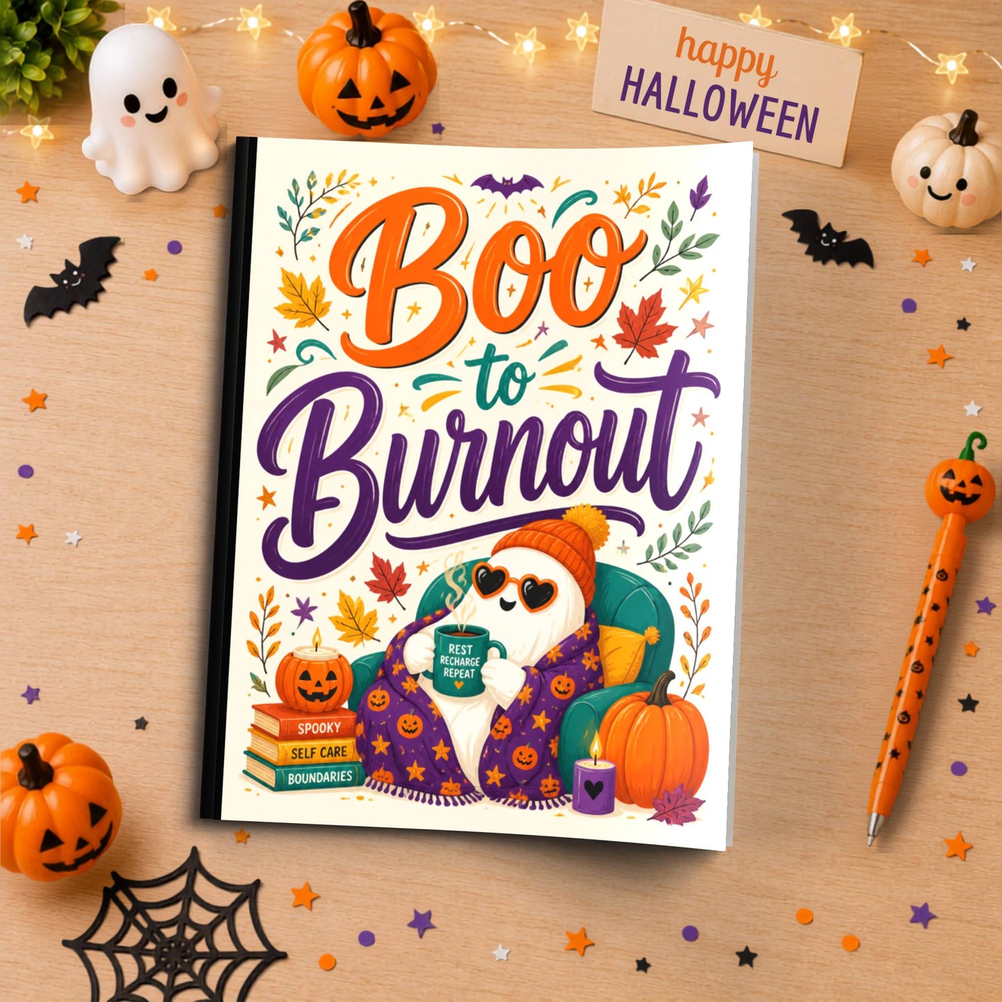 Boo to Burnout Halloween Composition Notebook - Cute Spooky Paperback Journal Gift