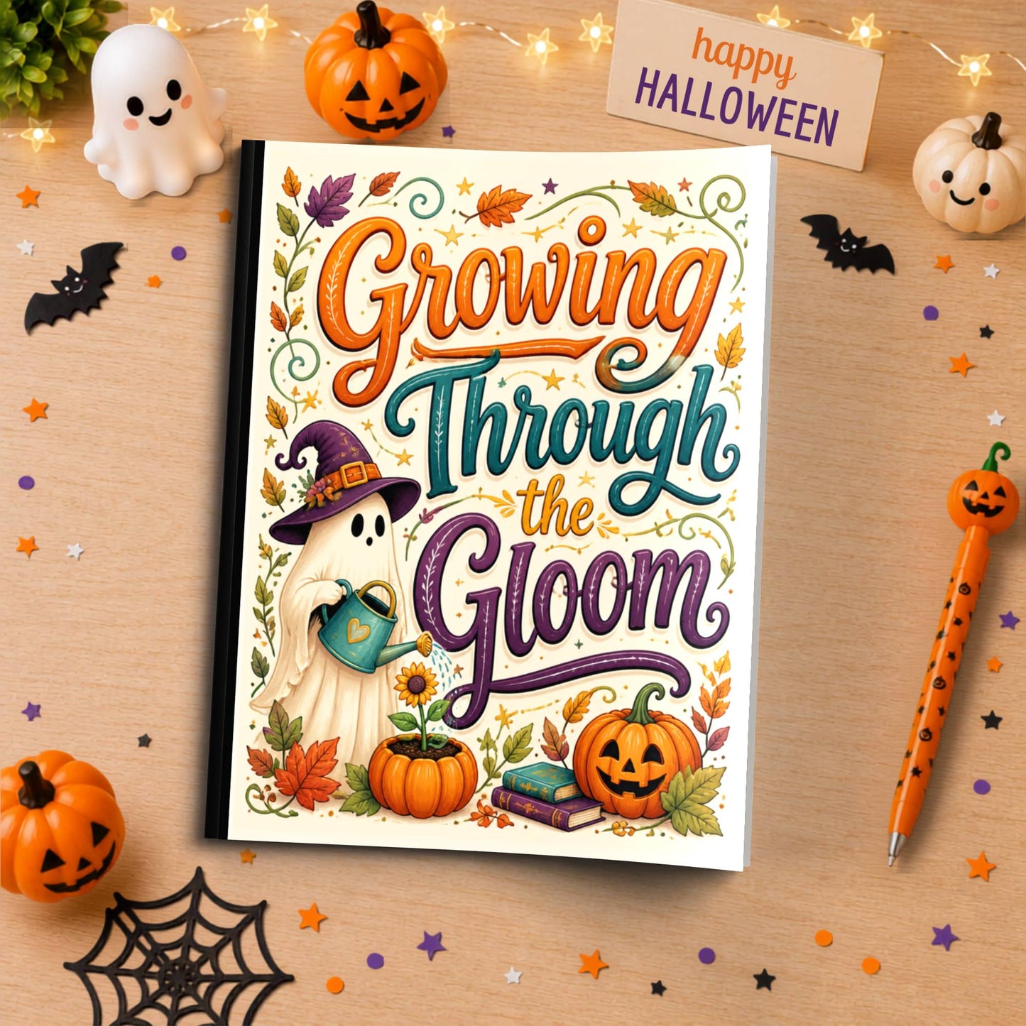 Growing Through the Gloom Halloween Composition Notebook - Cute Witch Ghost Paperback Journal
