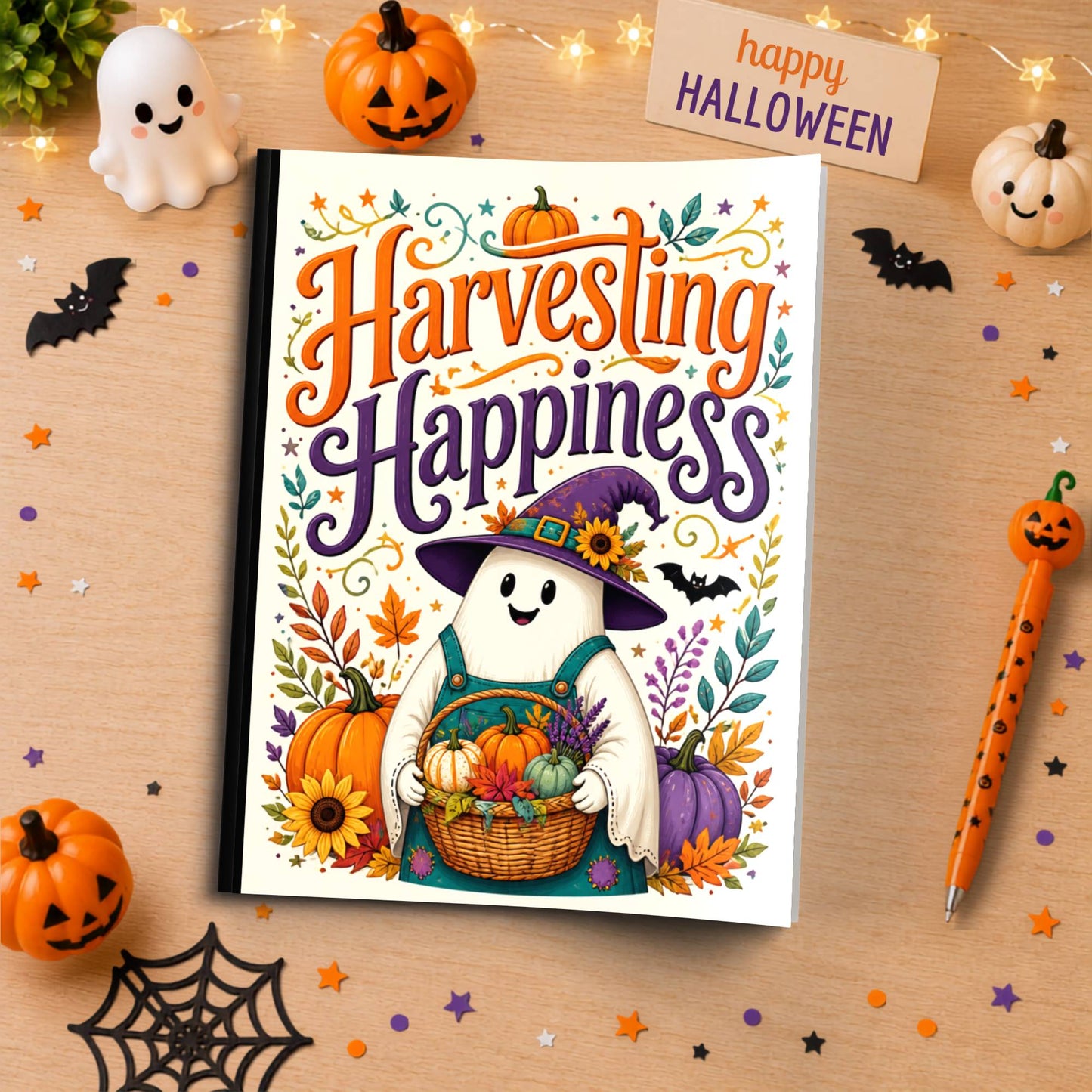 Harvesting Happiness Halloween Composition Notebook - Cute Witch Ghost Paperback Journal