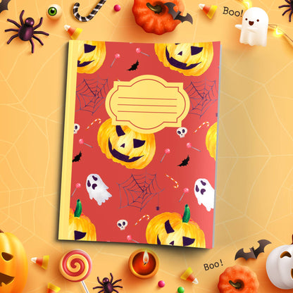 Dark Orange Halloween soft cover composition notebook with pumpkin pattern, wide ruled lined pages for writing